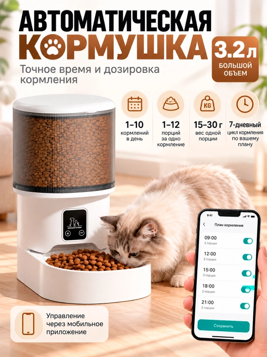 Mushuklar va itlar uchun avtomatik oziqlantirgich + WiFi, ilova orqali boshqarish, 3.2l