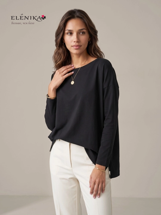 Ayollar uchun oversize longsliv paxtadan, dumaloq yoqa bilan, kofta ELENIKA D49.008