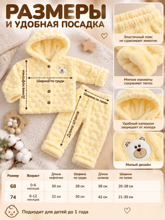 Комплект одежды для новорожденных до 1 года, мягкая теплая куртка с капюшоном и штаны