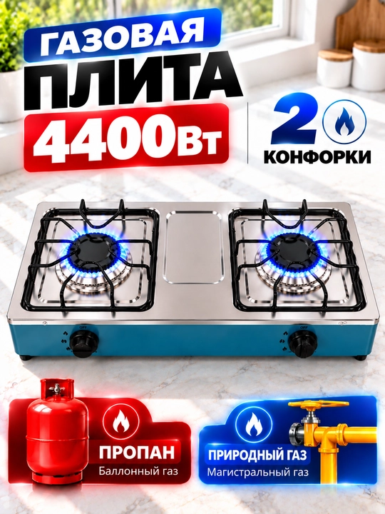 2 konforkali gaz plita, 4400 Vt, propan va tabiiy gaz, avtomatik yoqish