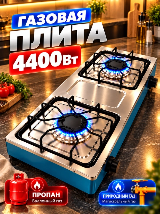 2 konforkali gaz plita, 4400 Vt, propan va tabiiy gaz, avtomatik yoqish - 