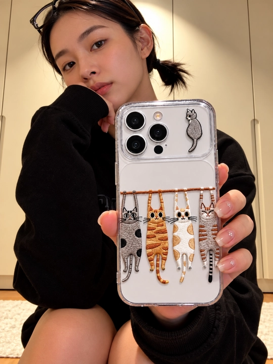 Chexol iPhone 11 12 13 14 15 16 17 Pro va Pro Max uchun mushukchali silikon chexol