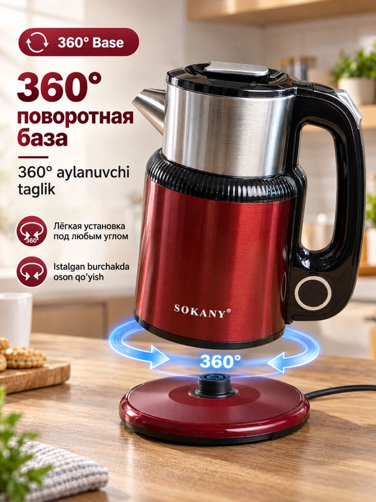 SOKANY elektr choynak, 1.6/1.7L, avtomatik o'chirish, quruq qaynashdan himoya