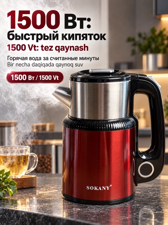 SOKANY elektr choynak, 1.6/1.7L, avtomatik o'chirish, quruq qaynashdan himoya