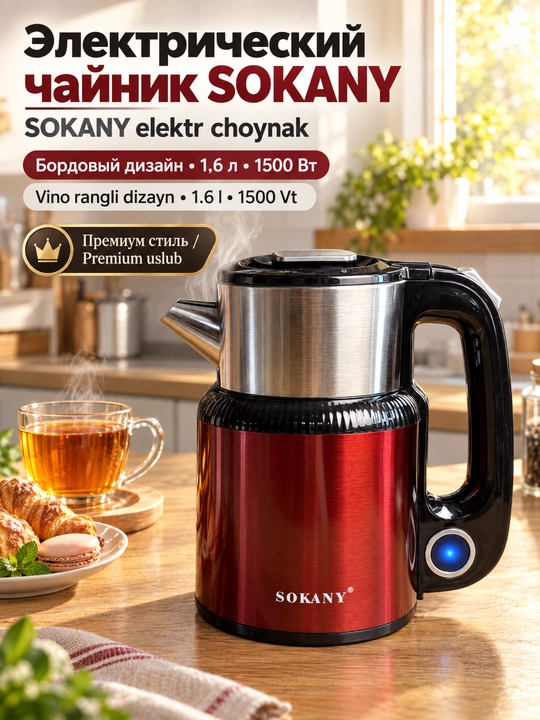 SOKANY elektr choynak, 1.6/1.7L, avtomatik o'chirish, quruq qaynashdan himoya