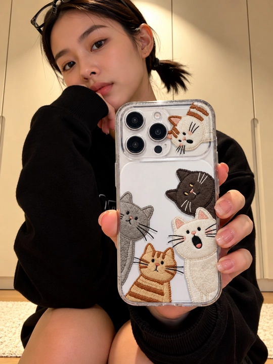 Chexol iPhone 11 12 13 14 15 16 17 Pro va Pro Max uchun mushukchali silikon chexol