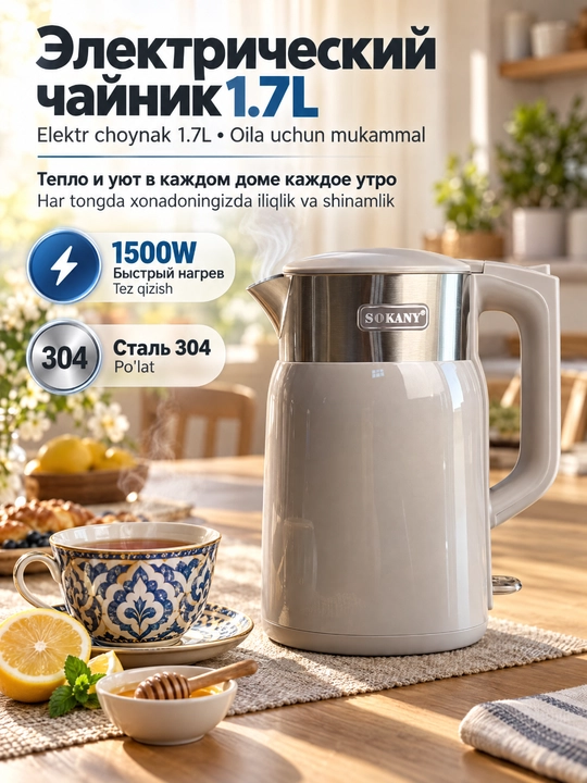 SOKANY elektr choynak, 1.6/1.7L, avtomatik o'chirish, quruq qaynashdan himoya - 