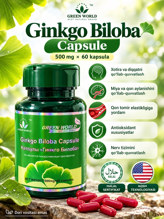 Ginkgo Biloba Green World, xotira va diqqat uchun kapsula, 500 mg, 60 dona - 