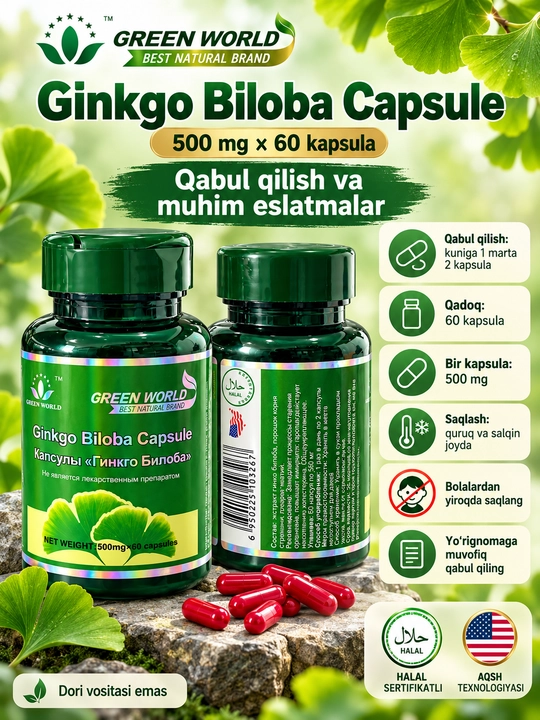 Ginkgo Biloba Green World, xotira va diqqat uchun kapsula, 500 mg, 60 dona