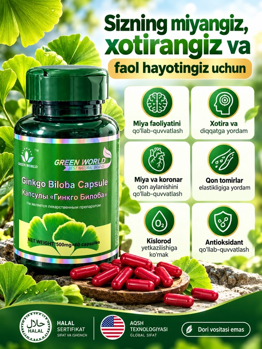 Ginkgo Biloba Green World, xotira va diqqat uchun kapsula, 500 mg, 60 dona