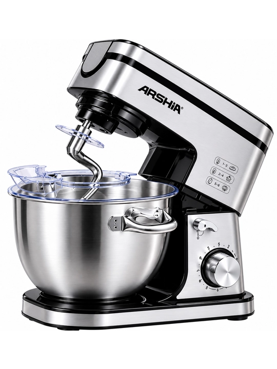 Планетарный миксер ARSHIA 2000 Вт, чаша 10 л, 6 скоростей, 3 насадки, металлическая чаша