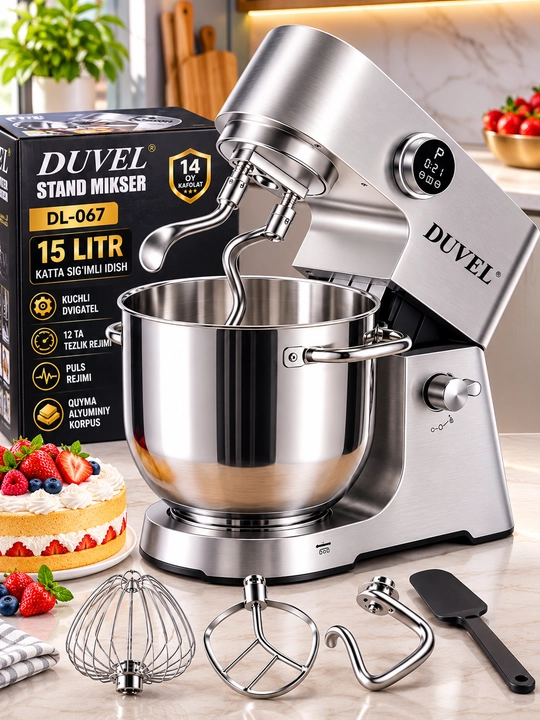 DUVEL DL-067 Stand Mikser 2500 W, 15 L, 12 Tezlikli, 3 Ta Nasadkali, Alyuminiy Korpusli