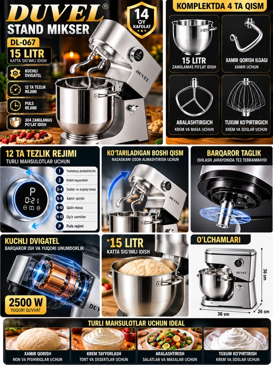 DUVEL DL-067 Stand Mikser 2500 W, 15 L, 12 Tezlikli, 3 Ta Nasadkali, Alyuminiy Korpusli