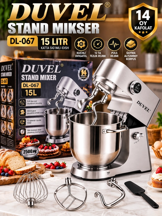 DUVEL DL-067 Stand Mikser 2500 W, 15 L, 12 Tezlikli, 3 Ta Nasadkali, Alyuminiy Korpusli