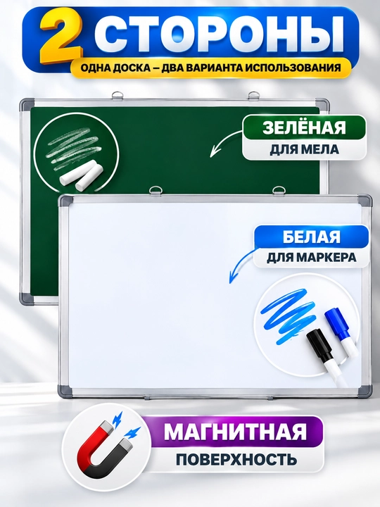 Ikki tomonlama va magnitli taxta, bo‘rli taxta, katta o‘lchamli taxtalar, markerli taxta