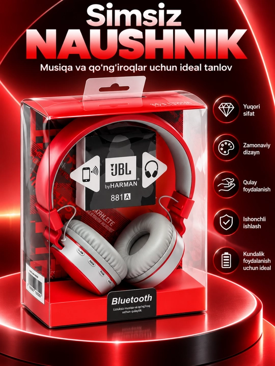 Kuchli bas va uzoq muddat xizmat qiladigan JBL 881A Bluetooth simsiz quloqchinlari - 