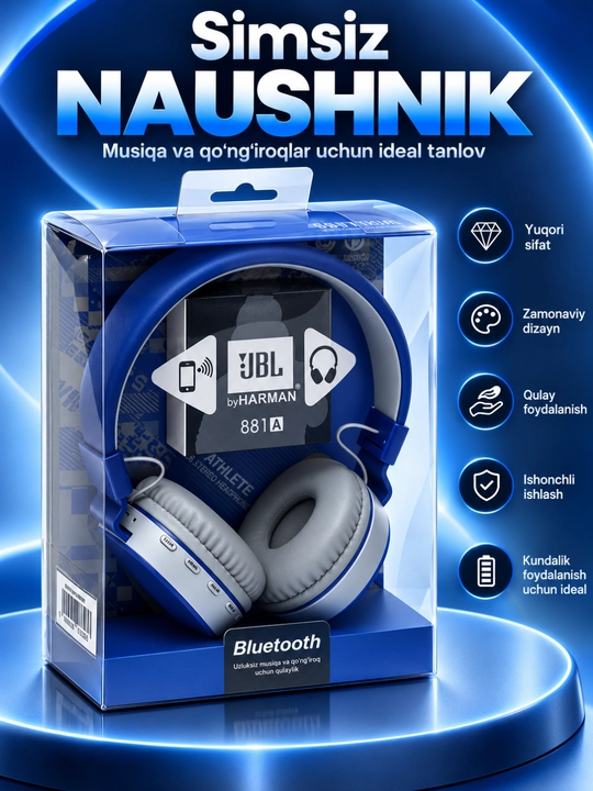 Kuchli bas va uzoq muddat xizmat qiladigan JBL 881A Bluetooth simsiz quloqchinlari - 