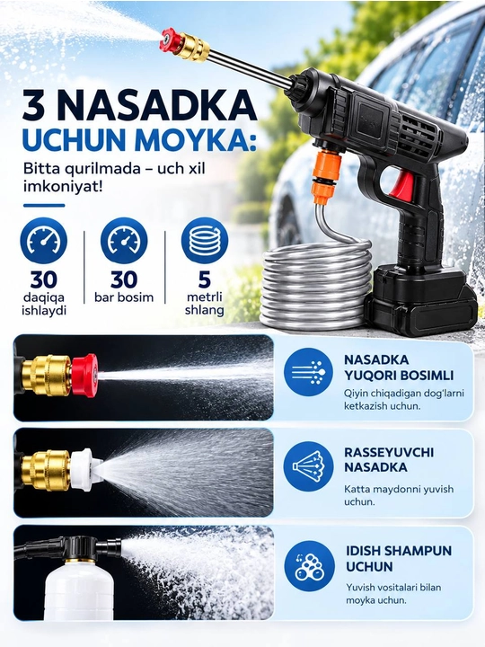 Roniq Tsunami 6 ta 1 da - avtomobillar uchun yuqori bosimli ko‘chma yuvish mashinasi