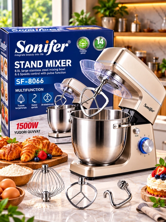 Планетарный миксер Sonifer SF-8066, 1500 Вт, 8 л, 3 насадки