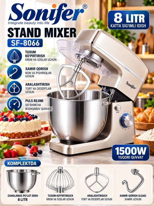 Планетарный миксер Sonifer SF-8066, 1500 Вт, 8 л, 3 насадки - 