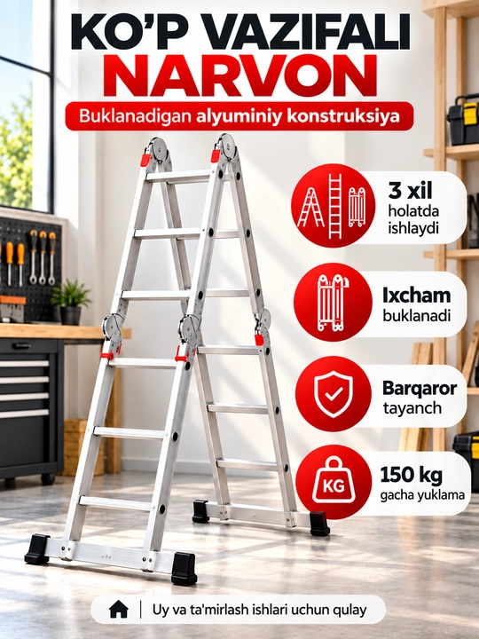 Narvon-transformer, buklanadigan narvon, 3,6/4,7/5,6 m, uy, ta'mirlash va qurilish uchun - 