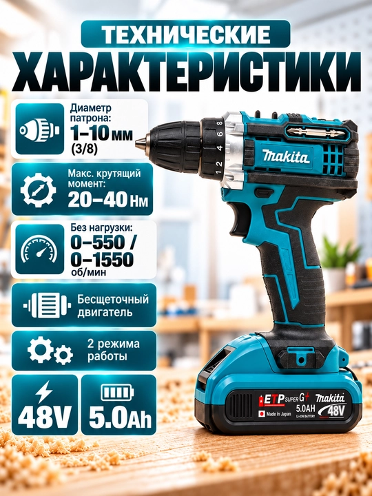 Akkumulyatorlik drel shurup buragich 48 V, cho'tkali motor, 118 tali toplam