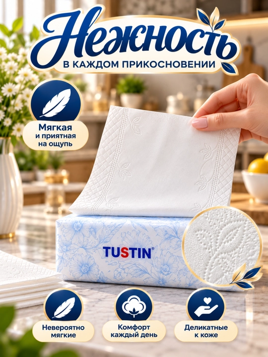Салфетки бумажные TUSTIN, 4-слойные, мягкие и прочные, 6 упаковок