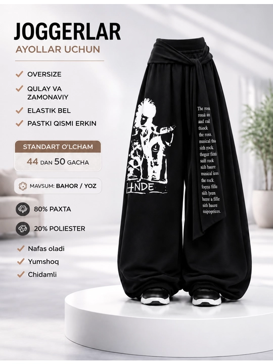 Ayollar uchun oversize jogger sport shimlari, keng bichim, baland bel, rezinkali