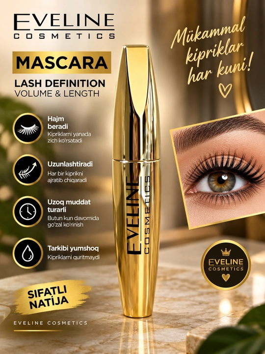 Eveline Cosmetics kipriklar uchun tush, oltin rangli qadoqda, maskara - 