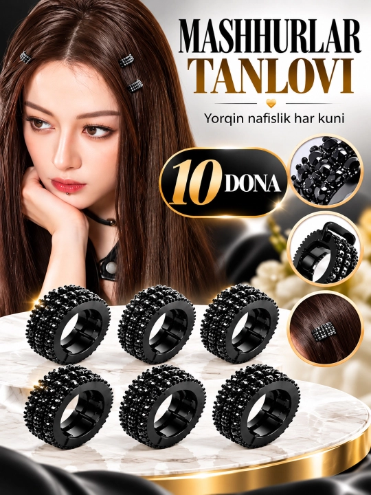 Soch uchun metall bezaklar, koreyscha uslubda, 10 dona, o‘rimlar uchun - 