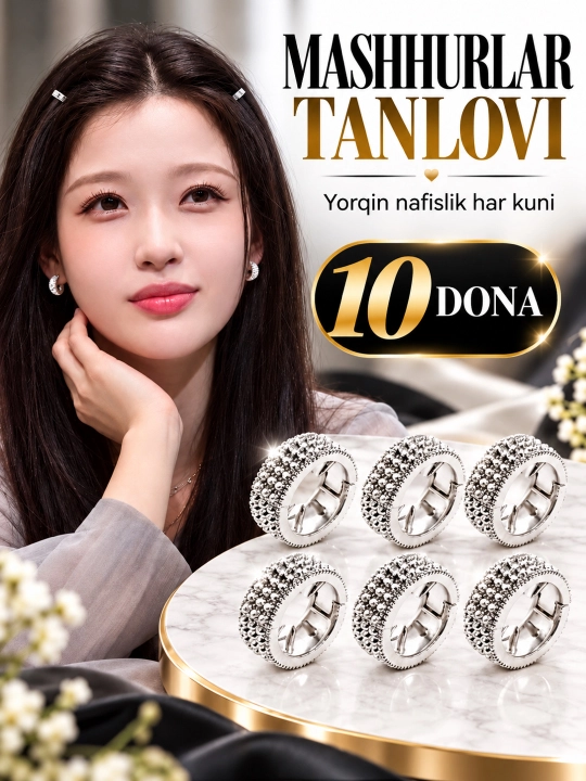Soch uchun metall bezaklar, koreyscha uslubda, 10 dona, o‘rimlar uchun - 