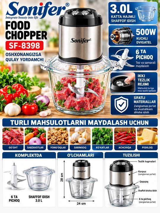 Sonifer SF-8398 Elektr Maydalagich 500 W, 3 L, 6 Ta Pichoqli