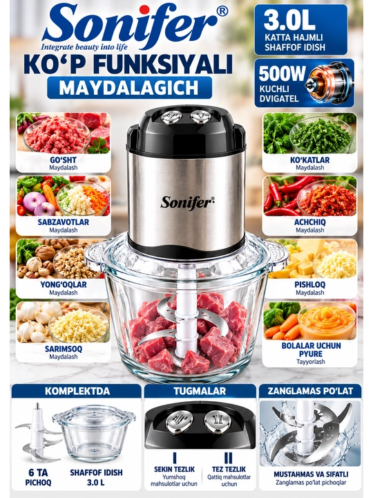 Sonifer SF-8398 Elektr Maydalagich 500 W, 3 L, 6 Ta Pichoqli