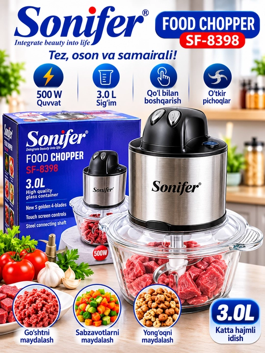 Sonifer SF-8398 Elektr Maydalagich 500 W, 3 L, 6 Ta Pichoqli