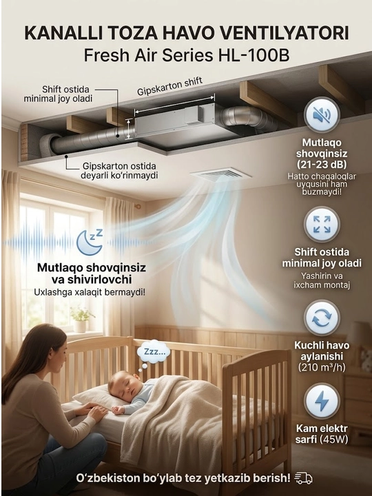 Shovqinsiz kanal ventilyatori (100, 150, 200 mm)