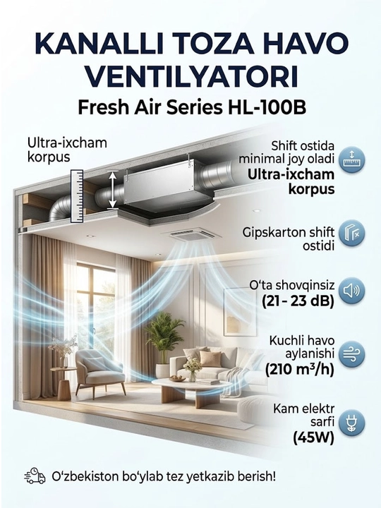 Shovqinsiz kanal ventilyatori (100, 150, 200 mm)