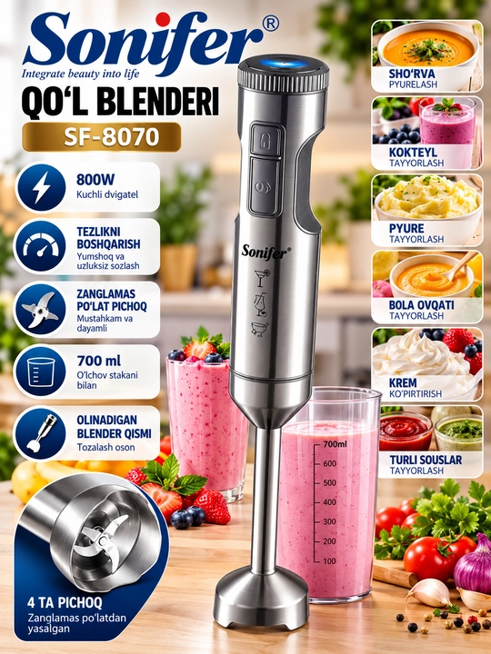 Sonifer SF-8070 Qo‘l Blenderi 800 W, 700 ml Stakan, Zanglamas Po‘lat Pichoqli