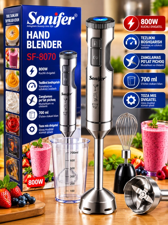 Sonifer SF-8070 Qo‘l Blenderi 800 W, 700 ml Stakan, Zanglamas Po‘lat Pichoqli