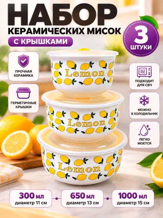 Набор контейнеров для хранения продуктов с крышками, 3 шт., лимонный дизайн - 