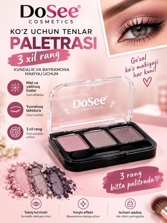 DoSee Cosmetics ko‘z tenlari palitrasi, 3 rangli, dekorativ kosmetika - 