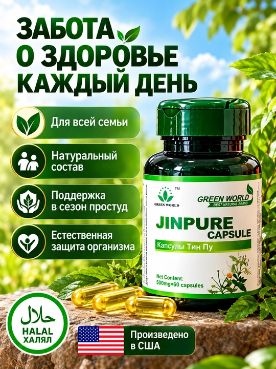 Green World Jinpure Capsule Тин Пу, растительные экстракты, 500 мг, 60 капсул, БАД