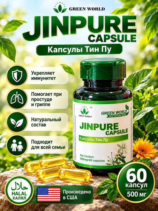 Green World Jinpure Capsule Tin Pu, o‘simlik ekstraktlari, 500 mg, 60 kapsula, BFQ - 