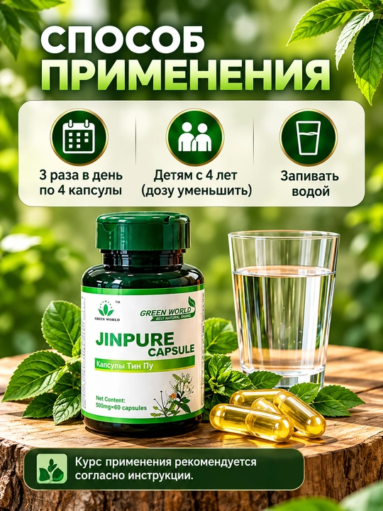 Green World Jinpure Capsule Тин Пу, растительные экстракты, 500 мг, 60 капсул, БАД