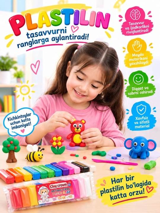 Bolalar uchun havo plastilini, yorug‘lik, rivojlantiruvchi o‘yinchoq,12 xil rang - 