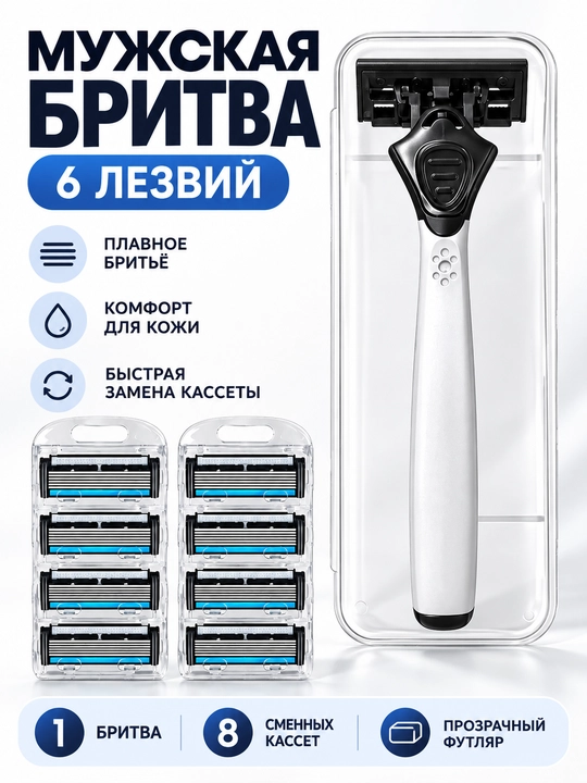Мужской бритвенный набор: станок и 6 сменных кассет (2 лезвия)