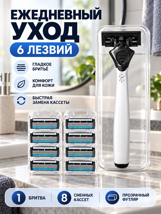 Мужской бритвенный набор: станок и 6 сменных кассет (2 лезвия)