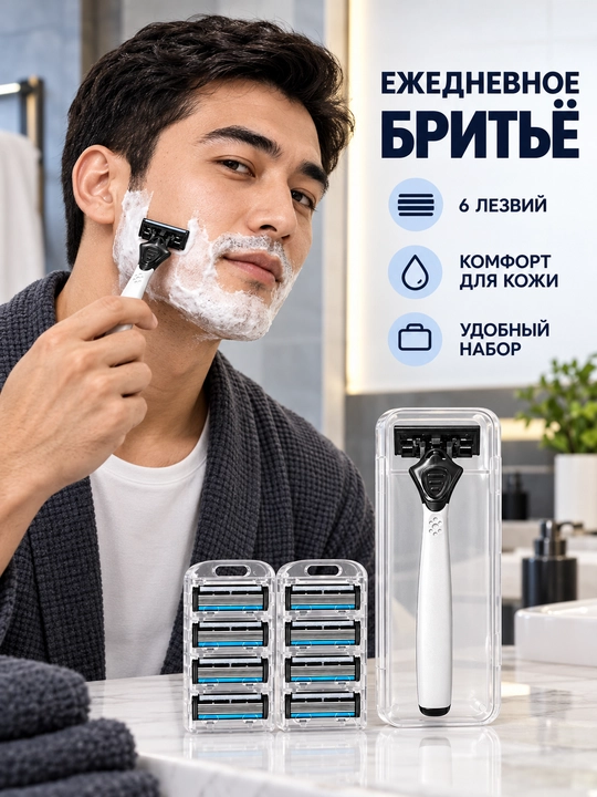 Мужской бритвенный набор: станок и 6 сменных кассет (2 лезвия)