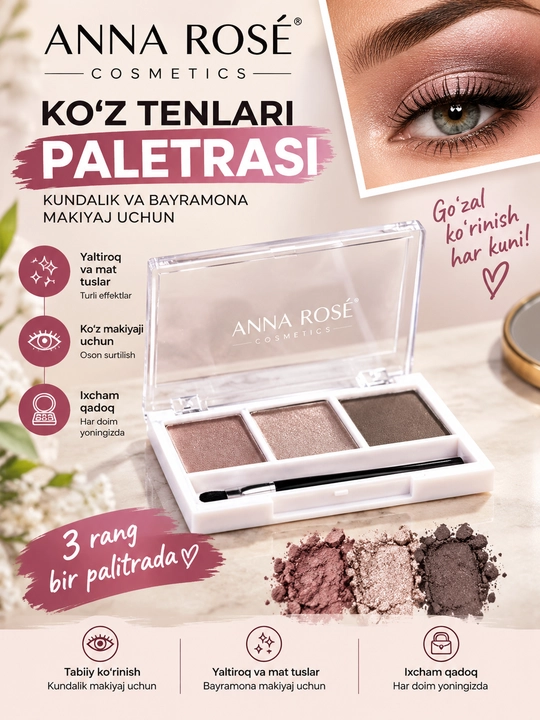 ANNA ROSÉ Cosmetics ko‘z tenlari palitrasi, 3 rangli, aplikator bilan - 