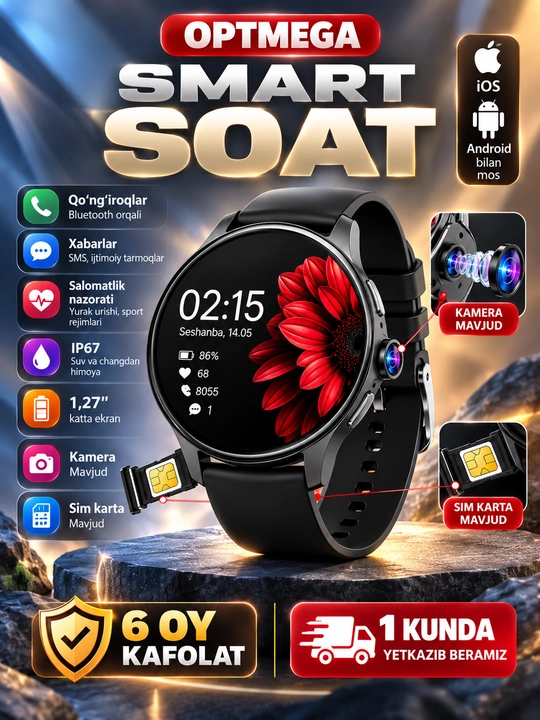 Smart watch ST12, Android,SIM karta, YouTube, pubg, Play Market, xotira 4 / 64, camera - 