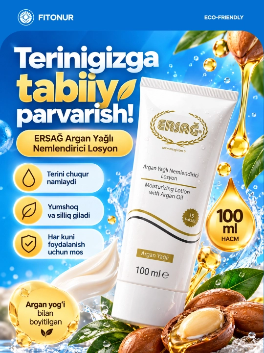 Argan yog‘li namlantiruvchi losyon 100 ml, tana terisini yumshatish va kundalik parvarish - 